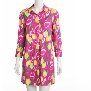 Tea n Cup Hot Pink & Yellow Fruit Print Long Sleeve Button Down Dress
